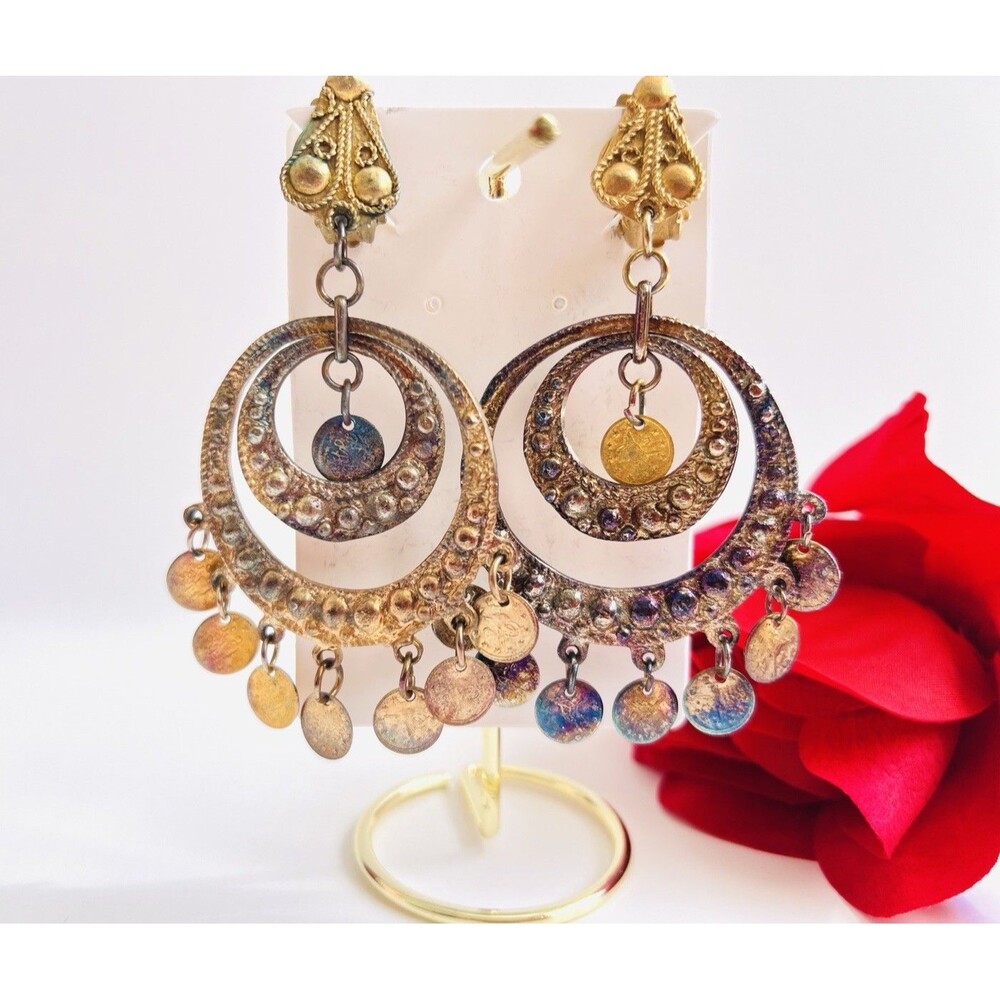 Vintage Clip On Earrings Arabic Coin Copper Tone Chandelier Dangle Oriental Boho